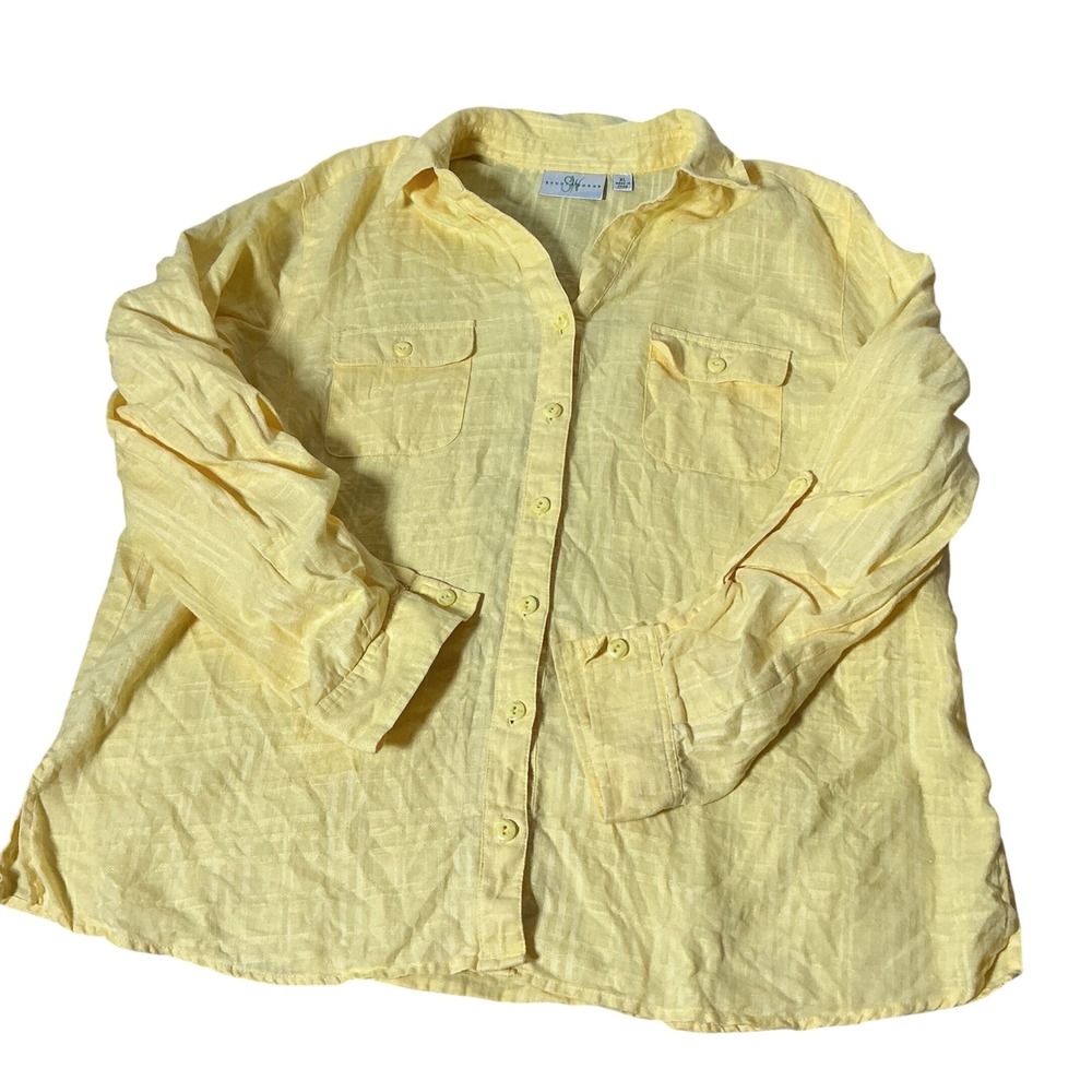 Studio Works Linen Textured Button Down Shirt Womens XL Yellow Coastal Summer